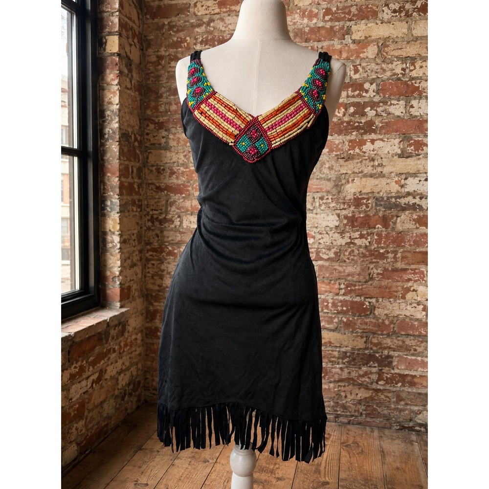 Y2K Black Faux Suede Beaded Fringe Mini Dress L Boho Festival Western Costume